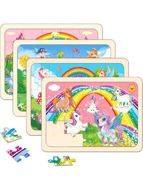 4 Pack Wooden Jigsaw Puzzles for Kids 4-6, Educational Castle & More, 24 Pieces